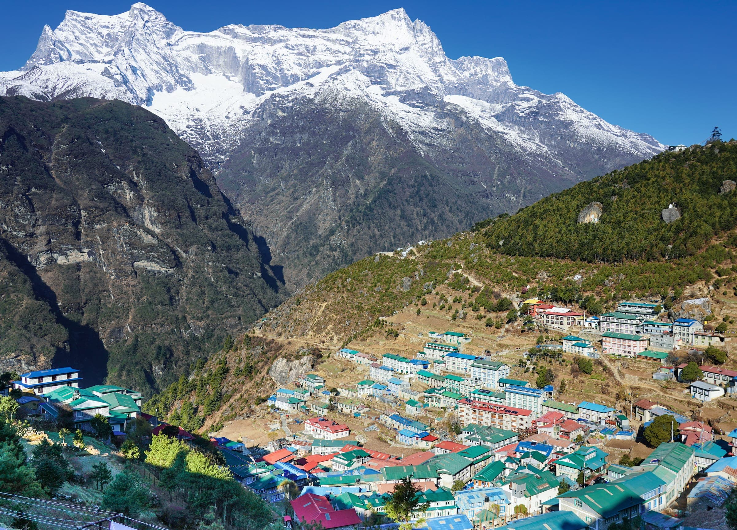 Namche Bazaar in its horseshoe bowl beneath Kongde Ri